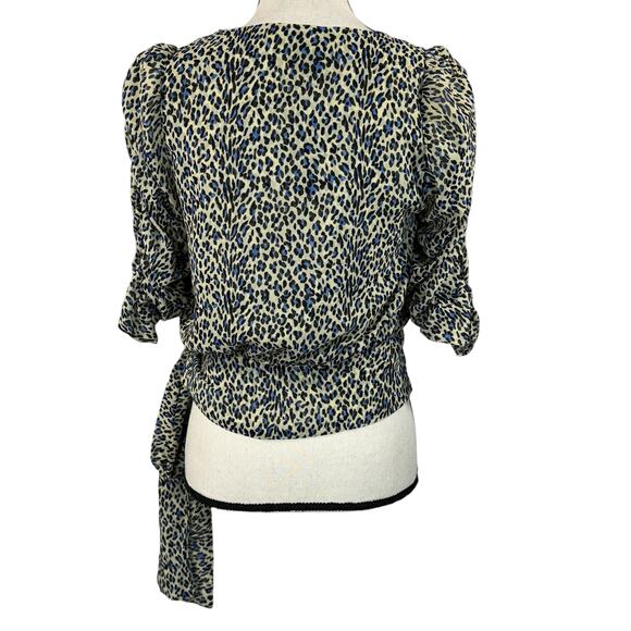 Buffalo David Bitton Small Tie Wrap Top Leopard Lined Surplice Puff Sleeve Multi - Picture 5 of 10